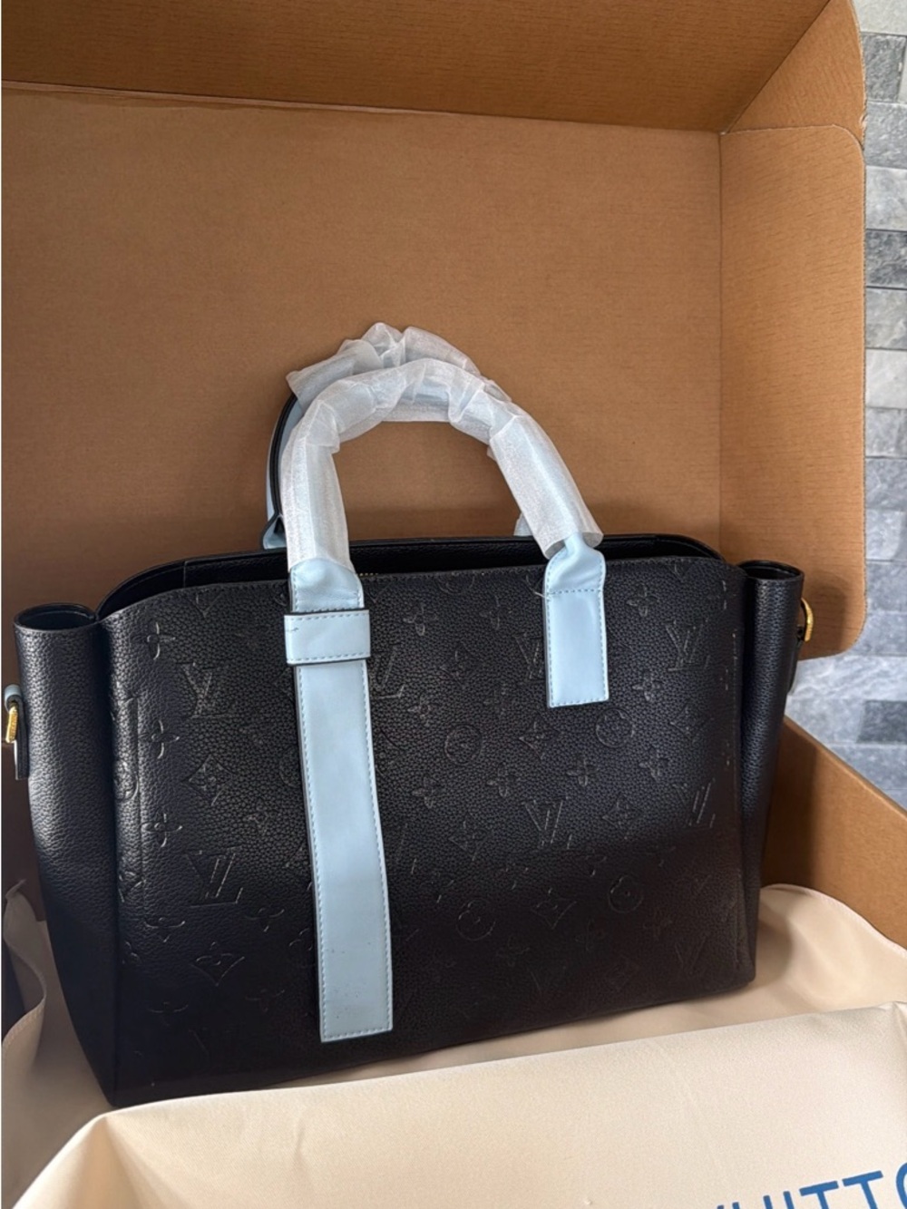 Louis Vuitton Black Embossed Satchel with Light Blue Accents